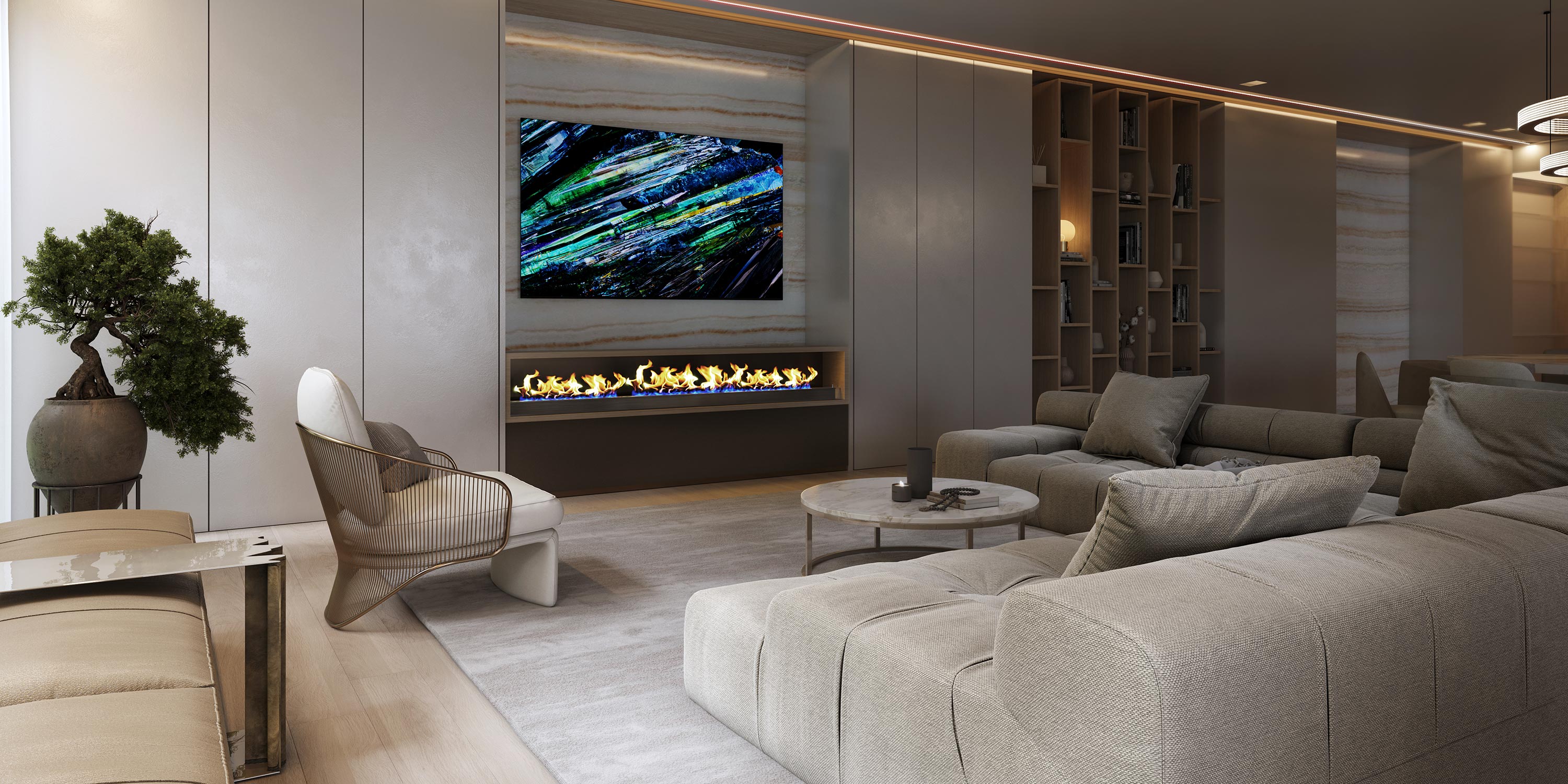 Stylish living room with wall-mounted TV, modern fireplace, and plush seating