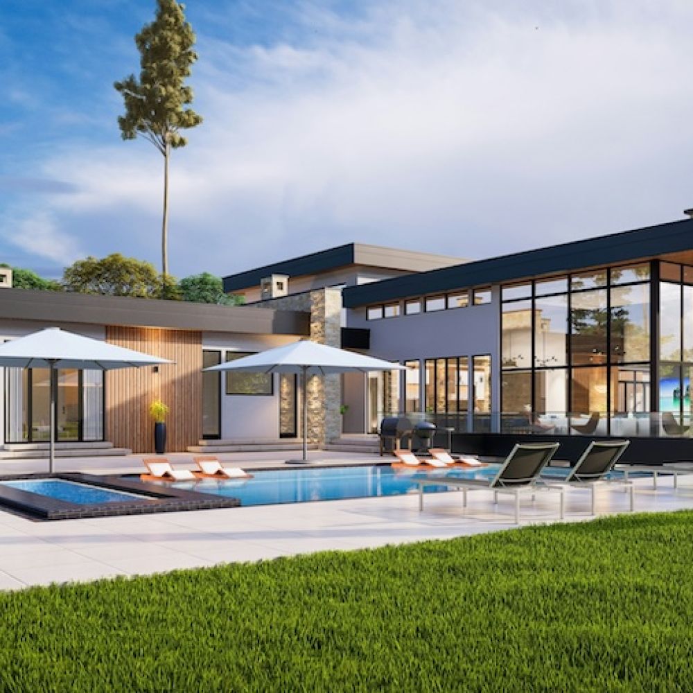 <span class="uk-h4">luxury home with a swimming pool, lounge chairs, and green lawn.</span>
