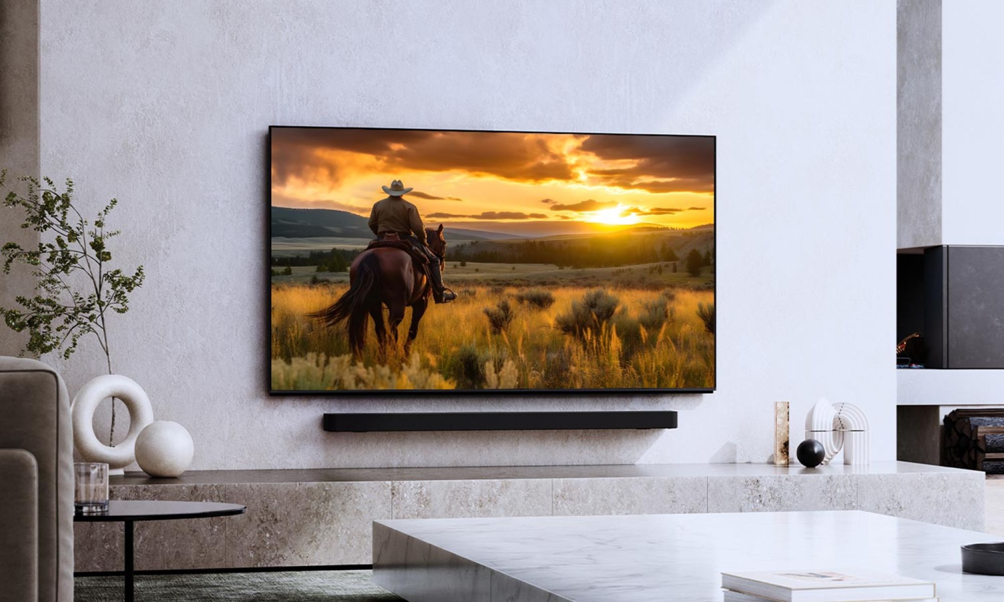Large flat-screen TV showing a cowboy scene in a minimalist living room