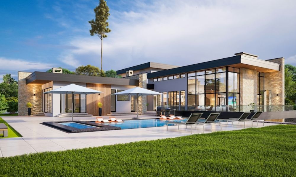 <span class="uk-h4">luxury home with a swimming pool, lounge chairs, and green lawn.</span>