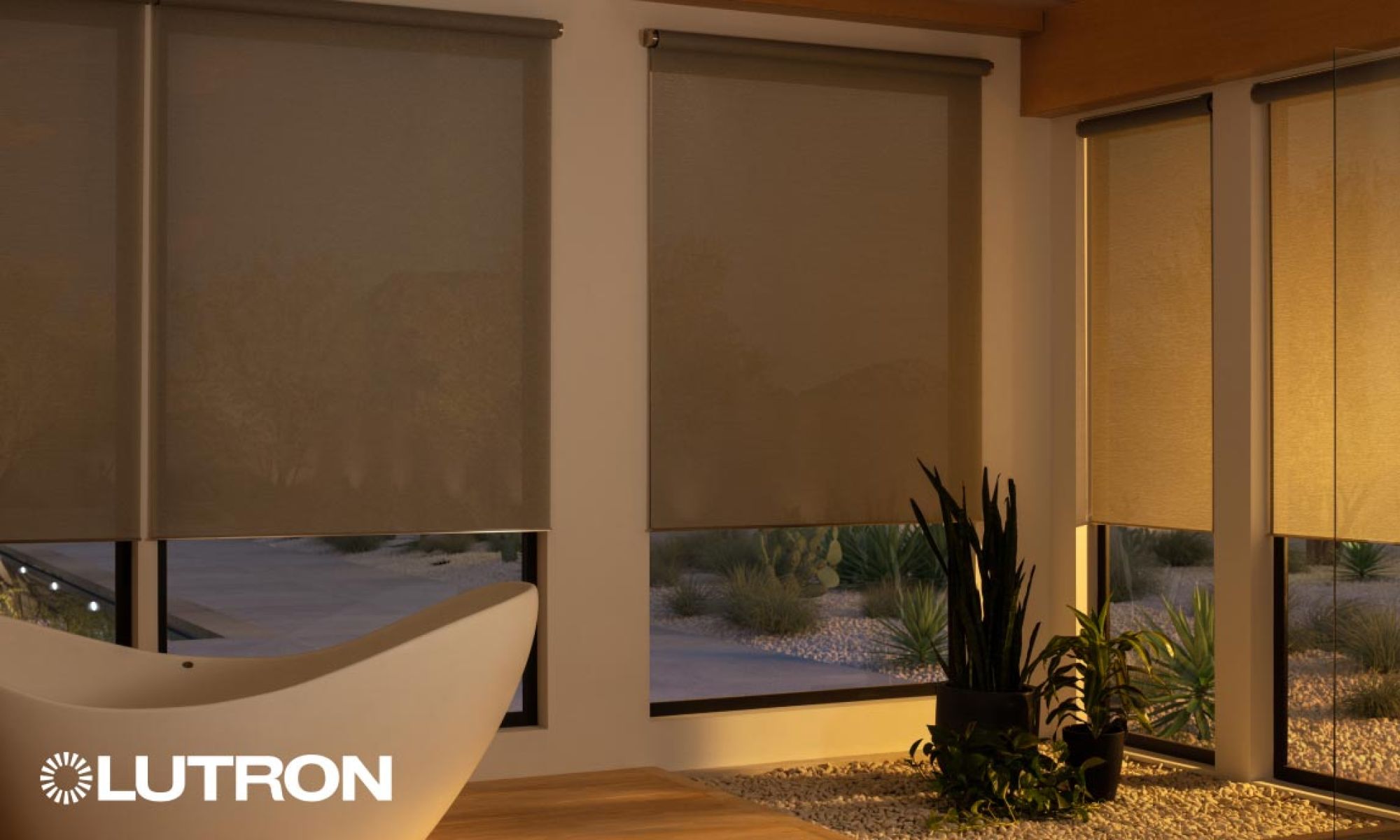 Automated window shades drawn down in a desert-themed modern bathroom
