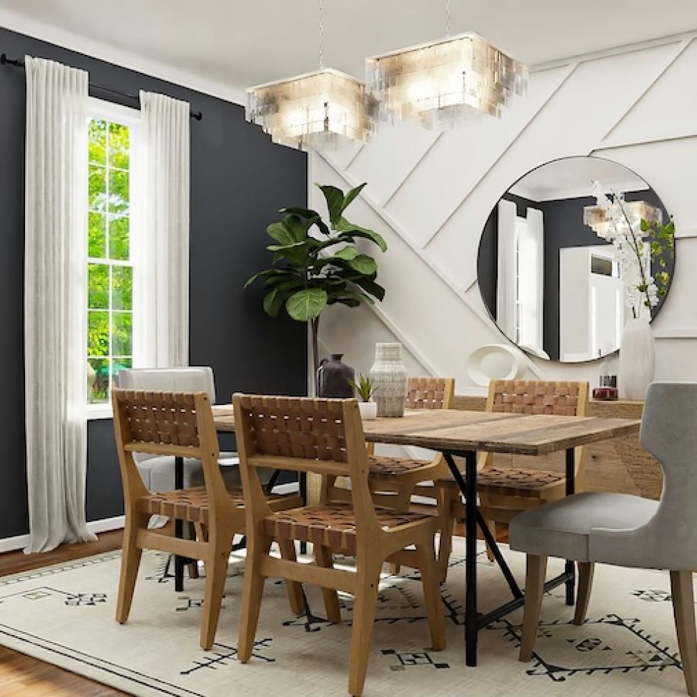 <span class="uk-h4">Dining room with wooden table, woven chairs, geometric accent wall, round mirror, and twin chandeliers</span>